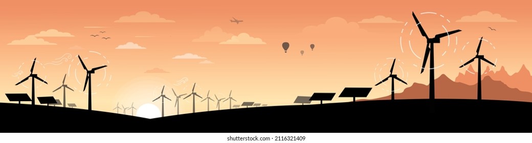 Pancarta de vectores de concepto de energía renovable de tipo ecológico. Elementos de diseño plano vectorial para el diseño de pancartas vectoriales del concepto de entorno limpio paisaje de puesta de sol. Se puede usar para imprimir o en la web.