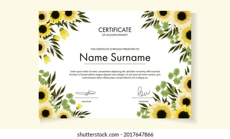 Printable Editable Floral Certificate template with cute blooming flowers of completion, of excellence, of attendance, design courses, workshop, floral design award. Sample Vector Illustration