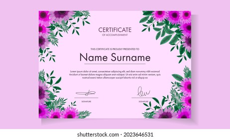 Plantilla de Certificado Floral Editable Imprimible con flores adorables de floración de terminación, de excelencia, de asistencia, cursos de diseño, taller, premio de diseño floral. Ejemplo de Ilustración de vectores