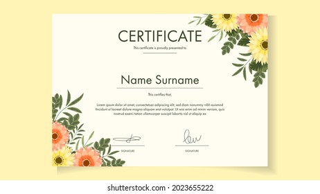 Plantilla de Certificado Floral Editable Imprimible con hermosas flores florecientes que premian logros, terminación, graduación, apreciación, diploma. Ilustración de vectores moderna y limpia personalizable