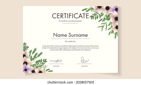Printable Editable Floral Certificate Vorlage mit schönen Blütenblumen, die Leistungen, Abschluss, Graduierung, Anerkennung, Diplom. Saubere, moderne Vektorgrafik anpassbar