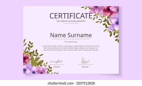 Printable Editable Floral Certificate template with beautiful blooming flowers awarding achievements, completion, graduation, appreciation, diploma. Clean modern Vector Illustration Customizable