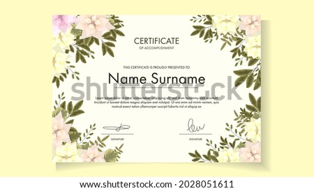 Printable Editable Floral Certificate template with cute blooming flowers of completion, of excellence, of attendance, design courses, workshop, floral design award. Sample Vector Illustration