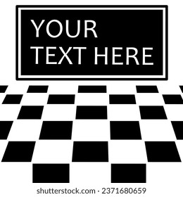 Printable and editable vector design with place for your text. Blackboard and chessboard pattern floor in interior room.