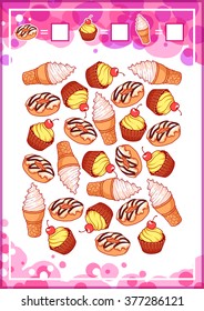 Printable education counting game for preschool kids with different sweets. How many cupcakes, donuts and ice cream do you see? Cartoon vector illustration.