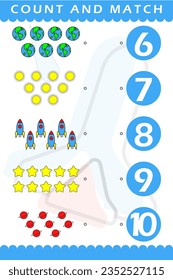 Printable Education game for preschool years and kindergarten kids learning numbers 6 to 9, to count and match count the number of cartoon space. Vector illustration