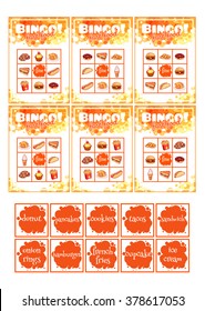 Printable Educational Bingo Game For Preschool Kids With Fast Food. Bingo Cards. Cartoon Vector Illustration.