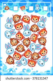 Printable educational counting game for preschool kids with funny animals. How many hares, monkeys and red pandas do you see? Cartoon vector illustration.