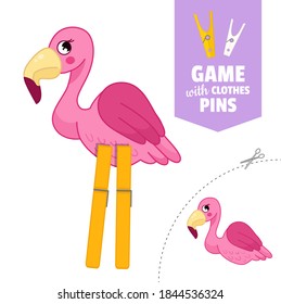 Printable educational game with clothespins. Activity for presсhool years kids and toddlers. Flamingo game template.
