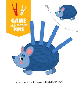 Printable educational game with clothespins. Activity for presсhool years kids and toddlers. Hedgehog game template.