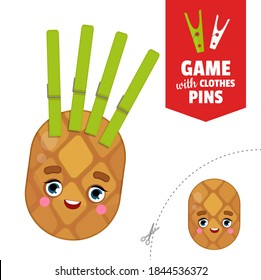 Printable educational game with clothespins. Activity for presсhool years kids and toddlers. Pineapple
 game template.