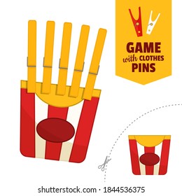 Printable educational game with clothespins. Activity for presсhool years kids and toddlers. French fries game template.

