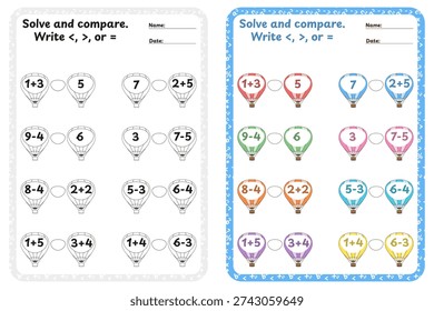 Printable educational materials for elementary school. The task is to solve simple addition and subtraction equations and compare the results using greater than, less than, or equal signs. Bundle includes full-color layout and black-and-white outline coloring page