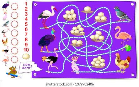Printable educational page for kids. Count how many eggs each of birds have in their nest. Write the numbers in circles. Worksheet for baby textbook.