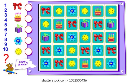 Printable educational page for kids. Count the quantity of objects and  write the numbers in circles. Worksheet for baby book. Logical puzzle game. Back to school.