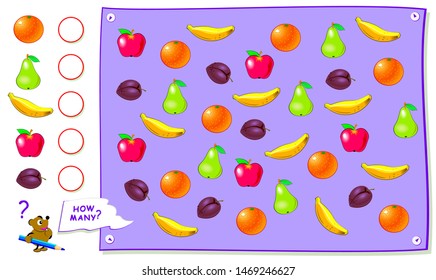 Printable educational page for kids. Count the quantity of fruits and write the numbers in circles. Worksheet for baby book. Logical puzzle game. Back to school. Development counting skills.