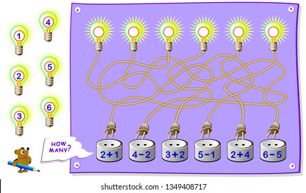 Printable educational page for kids with exercises on addition and subtraction. Solve examples and write numbers in circles. Back to school. Worksheet for baby textbook. Vector cartoon image.