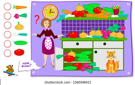 Printable educational page for kids. Help the housewife count the quantity of each vegetable in kitchen. How many pieces can you find? Write the numbers in circles. Worksheet for baby textbook.