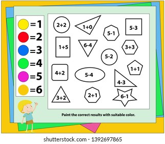 Printable educational page for kids. How many triangles, squares and pentagons can you find? Count the quantity of geometric figures, paint them in corresponding colors and write numbers. - Vektör