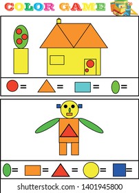 Printable educational page for kids. How many triangles, squares and pentagons can you find? Count the quantity of geometric figures, paint them in corresponding colors and write numbers