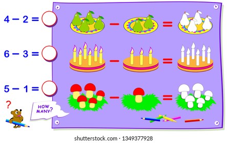 Printable educational page for kids on subtraction. Count the quantity and paint corresponding number of objects. Solve examples and write answers. Development children skills. Vector cartoon image.