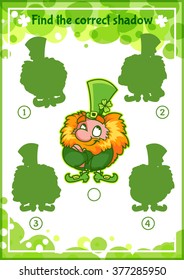 Printable educational shadow matching task for kids with satisfied leprechaun. Find the correct shadow. Cartoon vector illustration.