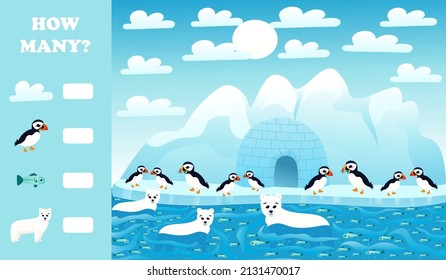 Printable educational worksheet for kids with how many puzzle, arctic animals wildlife with polar bears, puffins and fish, counting game for children books in cartoon style