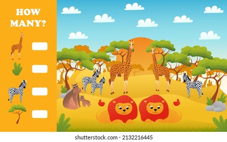 Printable Unterrichtszeitung für Kinder mit wie vielen Puzzle-, Safari-Wüstenarten mit süßen Löwen, Hippos und Giraffe, Spiel für Kinderbücher im Stil von Cartoons