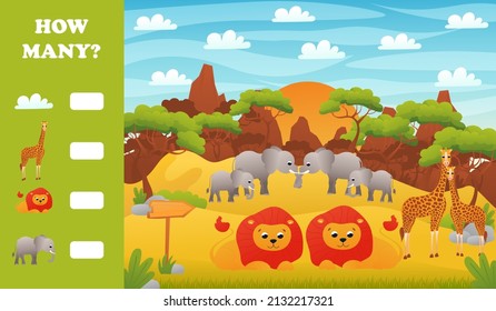 Printable educational worksheet for kids with how many puzzle, safari desert animals wildlife with cute lions, elephant and giraffe, counting game for children books in cartoon style