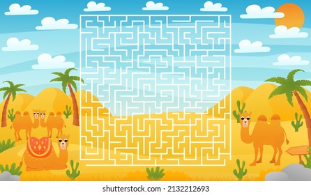 Printable educational worksheet for kids with labyrinth puzzle, safari desert animals wildlife with cute camel family, find way game for children books in cartoon style