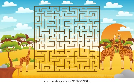 Printable educational worksheet for kids with labyrinth puzzle, safari desert animals wildlife with cute giraffe, find way game for children books in cartoon style