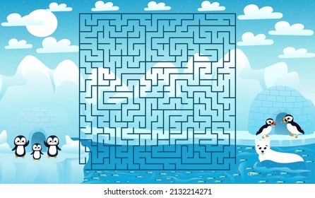 Printable educational worksheet for kids with labyrinth puzzle, arctic animals wildlife with cute penguins, puffins and polar bear, find way game for children books in cartoon style
