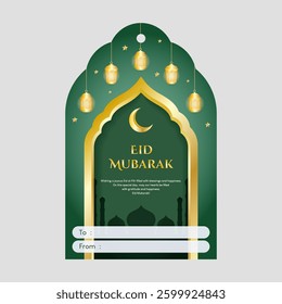 Printable Eid Hang Tag with Golden Window and Lantern. Vector Illustration Eid Mubarak Gift Hang Tag.