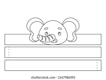 Printable elephant paper crown. Fun accessory for entertainment. Diy cut party ribbon template for birthday, christmas, baby shower. Print, color, cut and glue. Vector stock illustration.