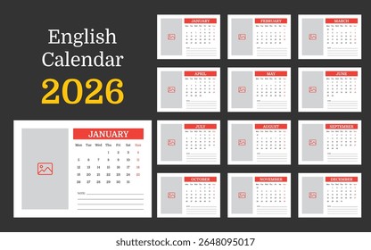 Calendário de Tabela Inglês Imprimível 2026 Planejador Mensal com Espaço Reservado para Foto