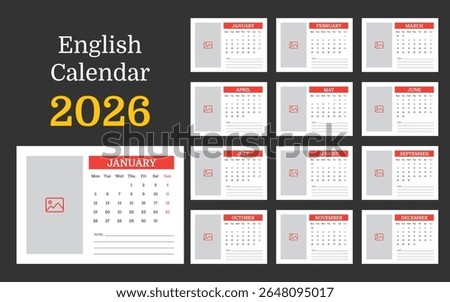 Printable English Table Calendar 2026 Monthly Planner with Photo Placeholder