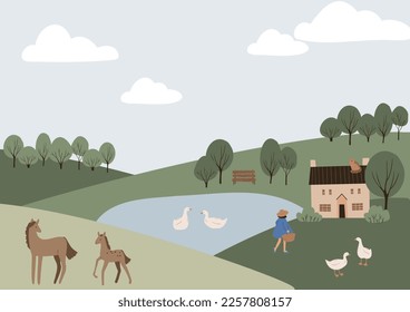 Printable farm life scenery poster, farm landscape illustration, farmhouse background clipart, cottage clip art, vector in flat style