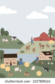 Printable farm life scenery poster, farm landscape illustration, farmhouse background clipart, cottage clip art, vector in flat style