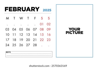 Printable February 2025 calendar template with space for your picture Perfect for personal or professional use.