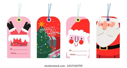 Printable festive labels for hanging on gifts. Set of winter holiday labels with greetings. Cartoon vector winter elements, Christmas tree, Santa Claus, gifts and Xmas and New Year decorations