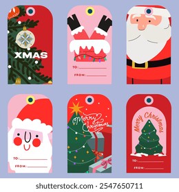 Printable festive labels for hanging on gifts. Set of winter holiday labels with greetings. Cartoon vector winter elements, Christmas tree, Santa Claus, gifts and Xmas and New Year decorations