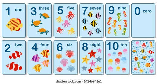 Printable flashcard collection for numbers from 0 to 10 for children on the sea animals and fish theme. For preschool years and kindergarten kids learning numbers, to count. Vector illustration