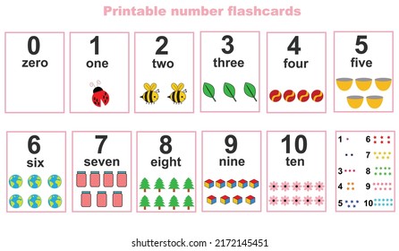 Printable flashcard collection for numbers from 0 to 10 for children on the sea animals and fish theme. For preschool years and kindergarten kids learning numbers, to count. Vector illustration