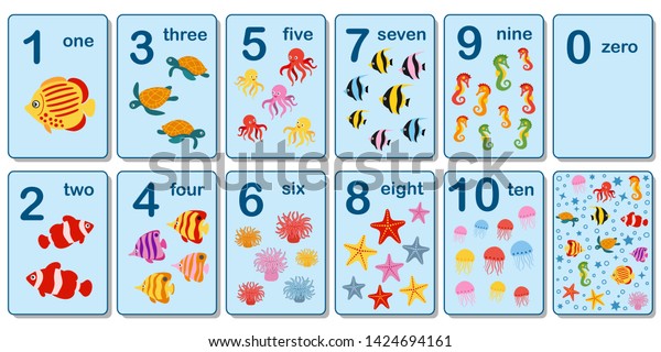 海の動物や魚のテーマの子ども向けの0 10の数字用の印刷可能なフラッシュカードコレクション 未就学期や幼稚園児が数字を学ぶのは 数 を数えるのは ベクターイラスト のベクター画像素材 ロイヤリティフリー