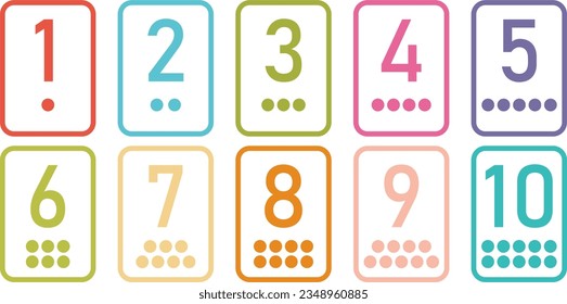 Printable flashcard collection for numbers from 1 to 10 with dots for children. For preschool years and kindergarten kids learning numbers, to count. Vector illustration