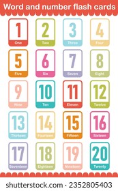 Printable flashcard collection for numbers from 1 to 20 with words for children. For preschool years and kindergarten kids learning numbers