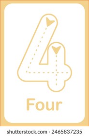 Printable flashcard trace number 4 and text for children. For preschool years and kindergarten kids learning numbers
