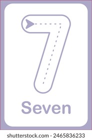Printable flashcard trace number 7 and text for children. For preschool years and kindergarten kids learning numbers