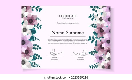Printable Floral Certificate Background Ornate Frame template of flowers for eco awards, health, kids graduation, course completion, workshop participation, Sample Vector Illustration Easy to edit