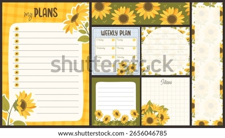 Printable Floral Templates. Sunflower A5 to-do list, scotch tape print, bookmark, square sticker notes design. Vector design for paper goods